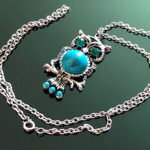 3/$40 VTG Artsy Owl Pendant Necklace/Turquoise Cabochons/Green Rhinestone Eyes